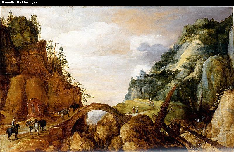 Joos de Momper mountainous landscape with horsemen and travellers crossing a bridge.